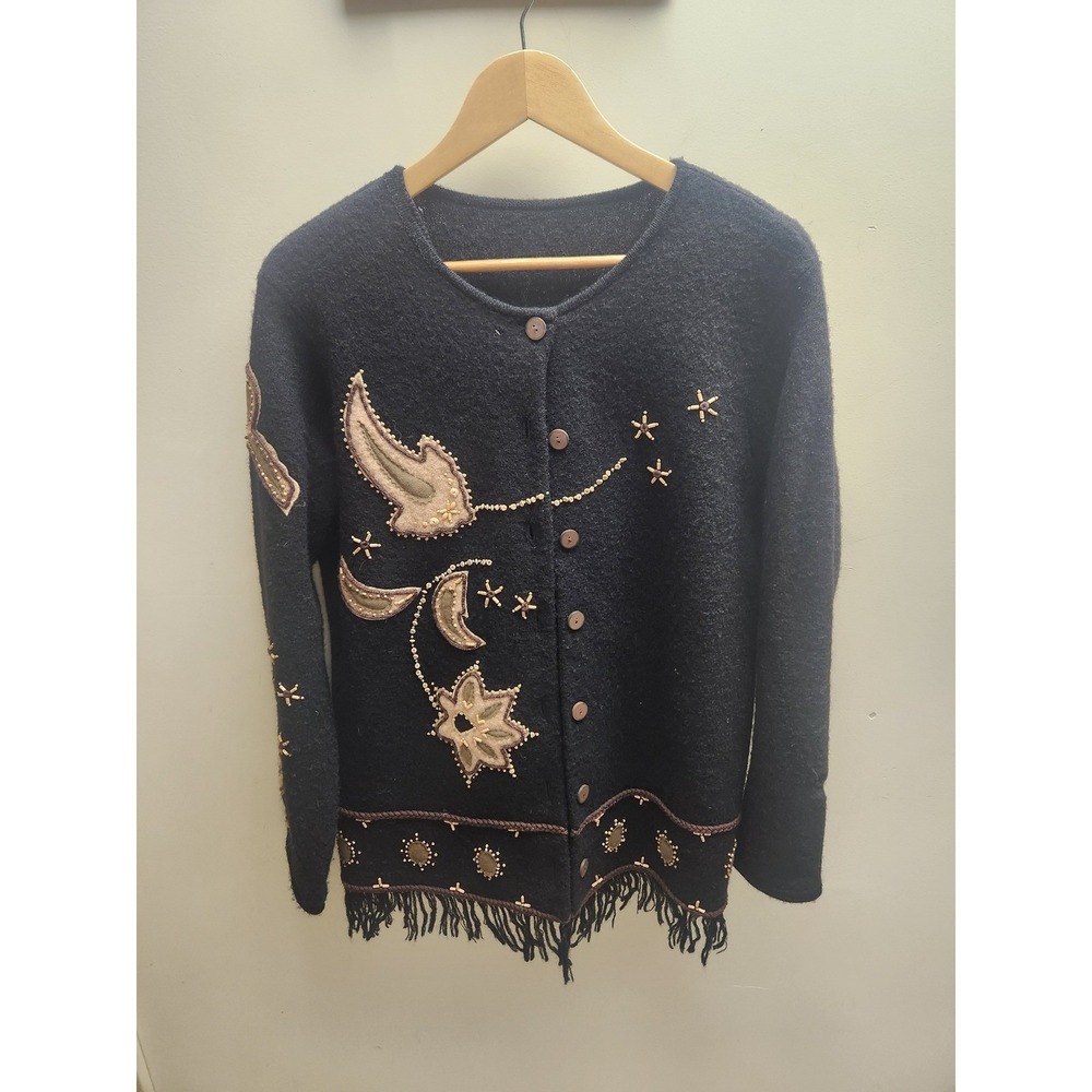 susan bristol  Boiled Wool Embroidered Fringe Cardigan Sweater Black‎ Celestial